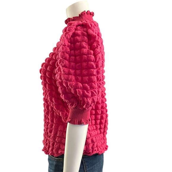 English Factory Mock Neck Popcorn Textured Knit Bubble Sleeve Top XS Pink - Picture 7 of 12